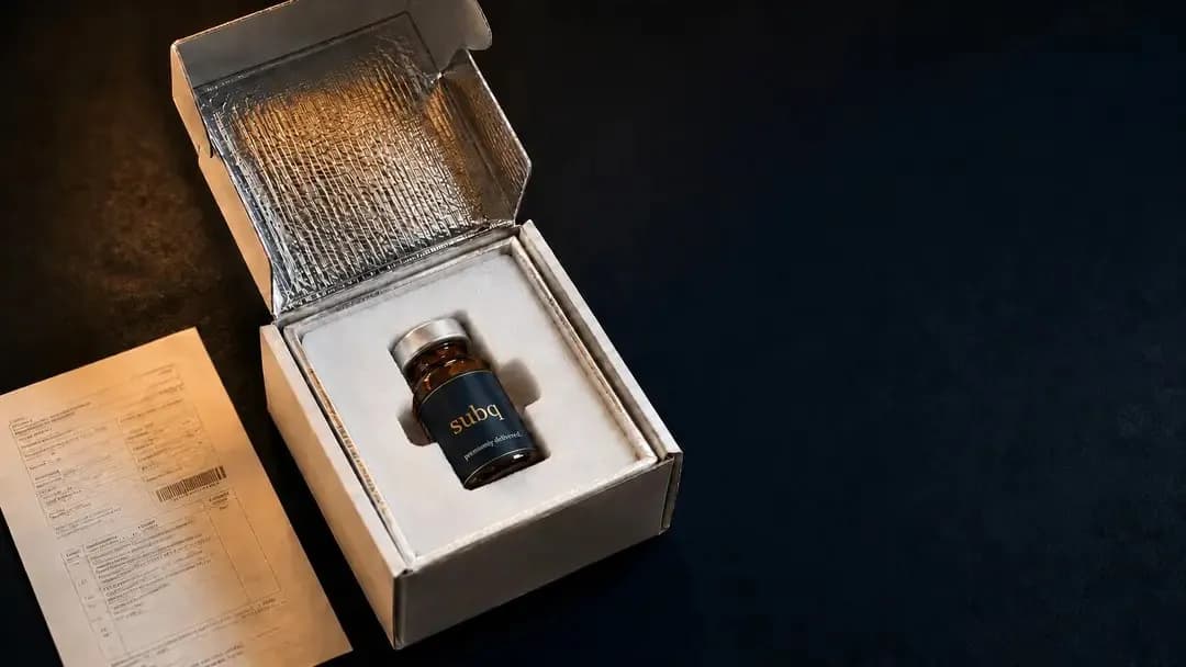 An open shipping box lined with insulation, holding a single amber vial beside a printed insert.