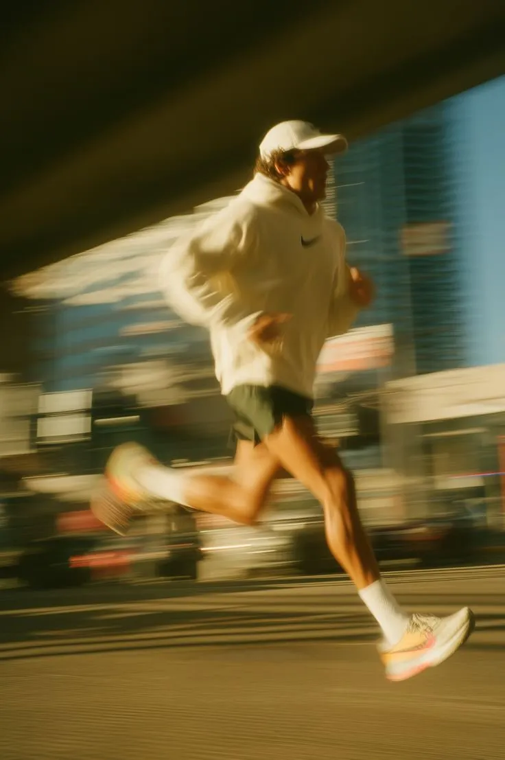 Un hombre con gorra blanca corre por una calle de la ciudad, desenfocado por la velocidad.